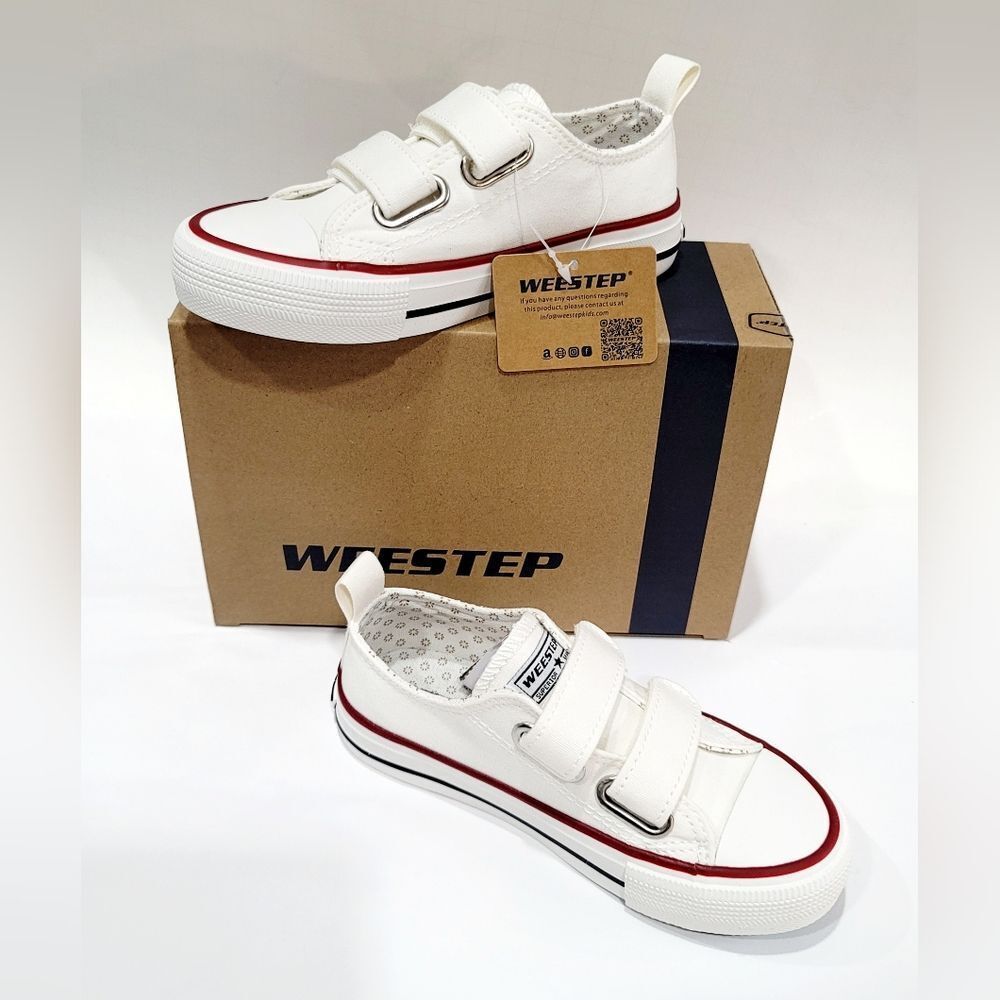 Weestep Toddler Adjustable Velcro Double Strap White Canvas Sneakers, Sz 10